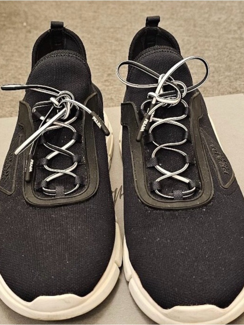Prada Black Knit Slip-On Sneakers with White Sole